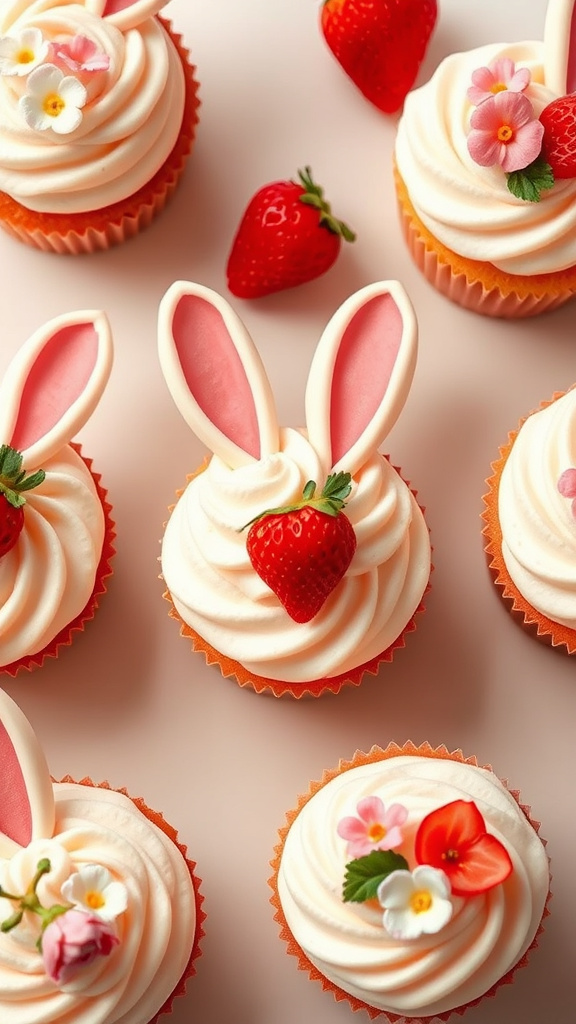 8. Floral Strawberry Bunny Cupcakes